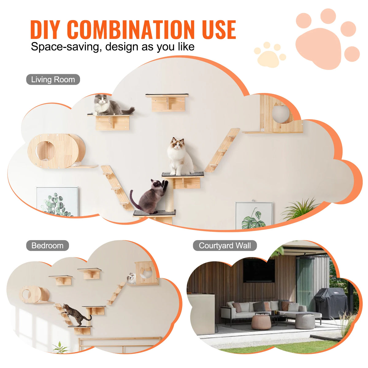 Double Tier Wall Mounted Pine Wood Cat Shelves With Hammock