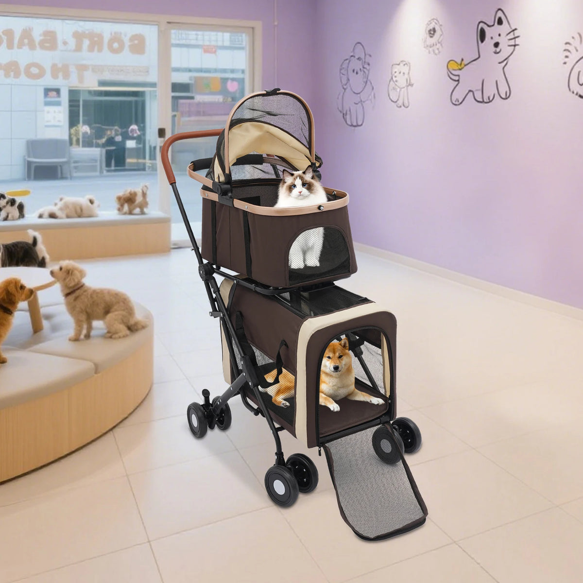 Bymaocar Foldable Two Tier Pet Stroller For Comfortable Dog Travel