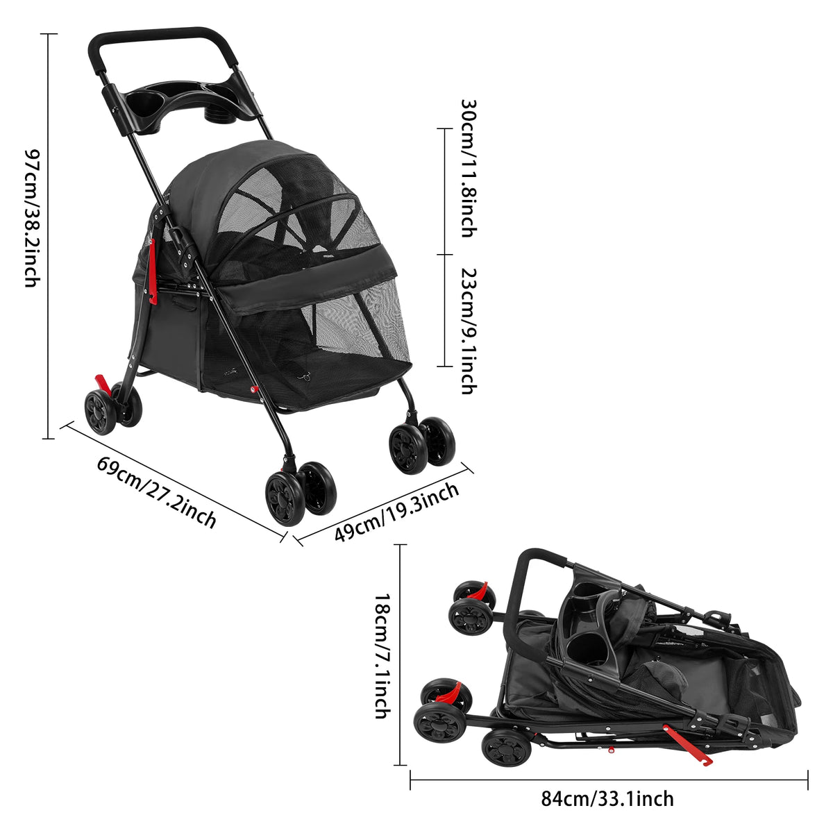 Foldable Pet Travel Stroller With Water Cup Holder