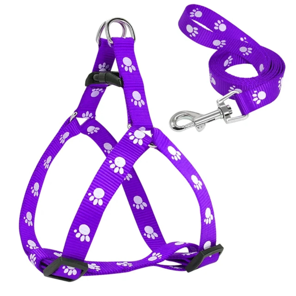 Adjustable Paw Print Nylon Dog Harness and Leash Set