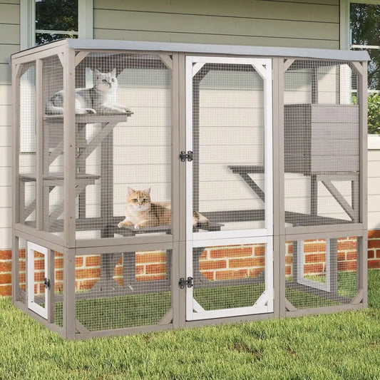 Outdoor Cat Catio Enclosure With Multiple Platforms And Resting Boxes