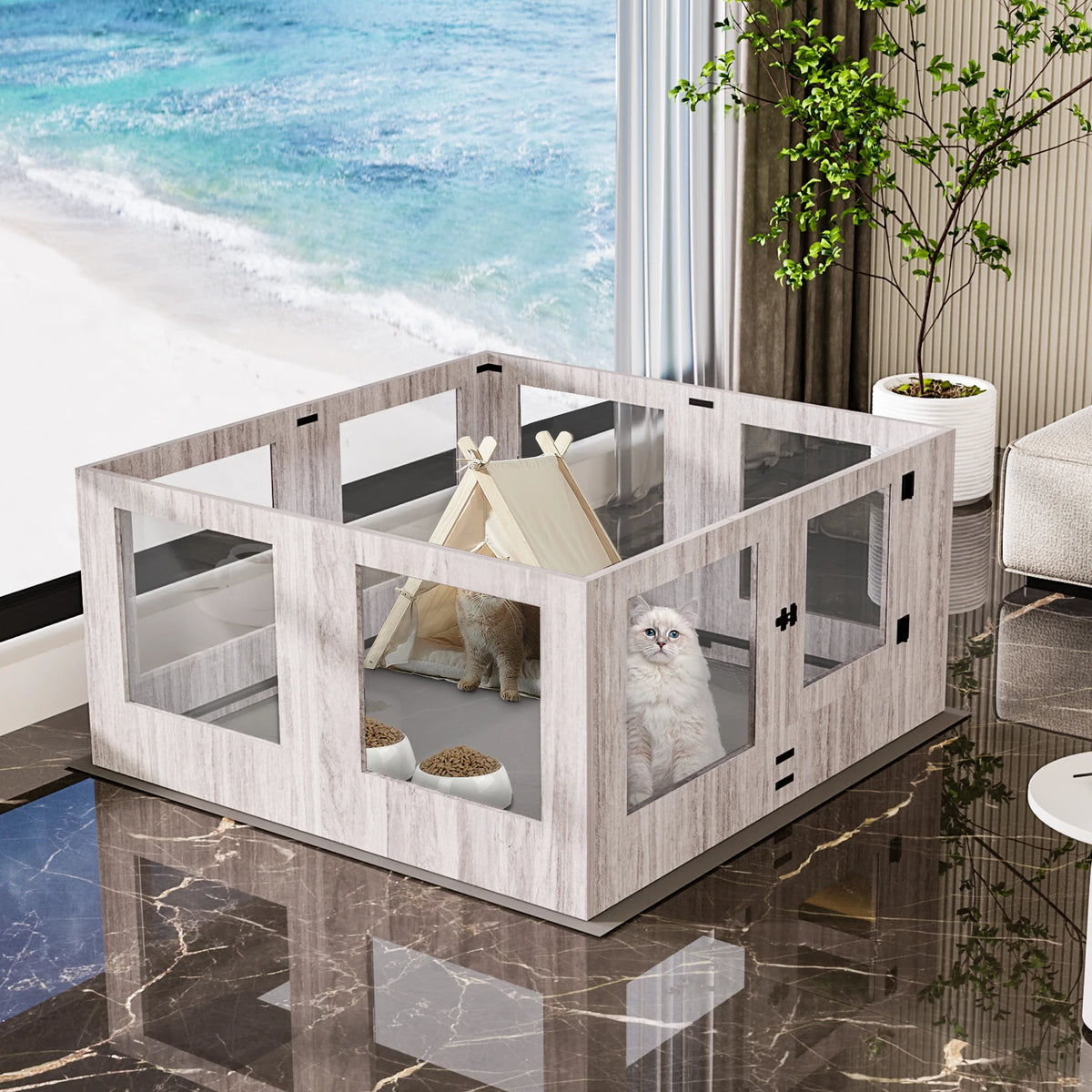 BINGOPAW Tempered Glass Dog Playpen With Waterproof Whelping Pad