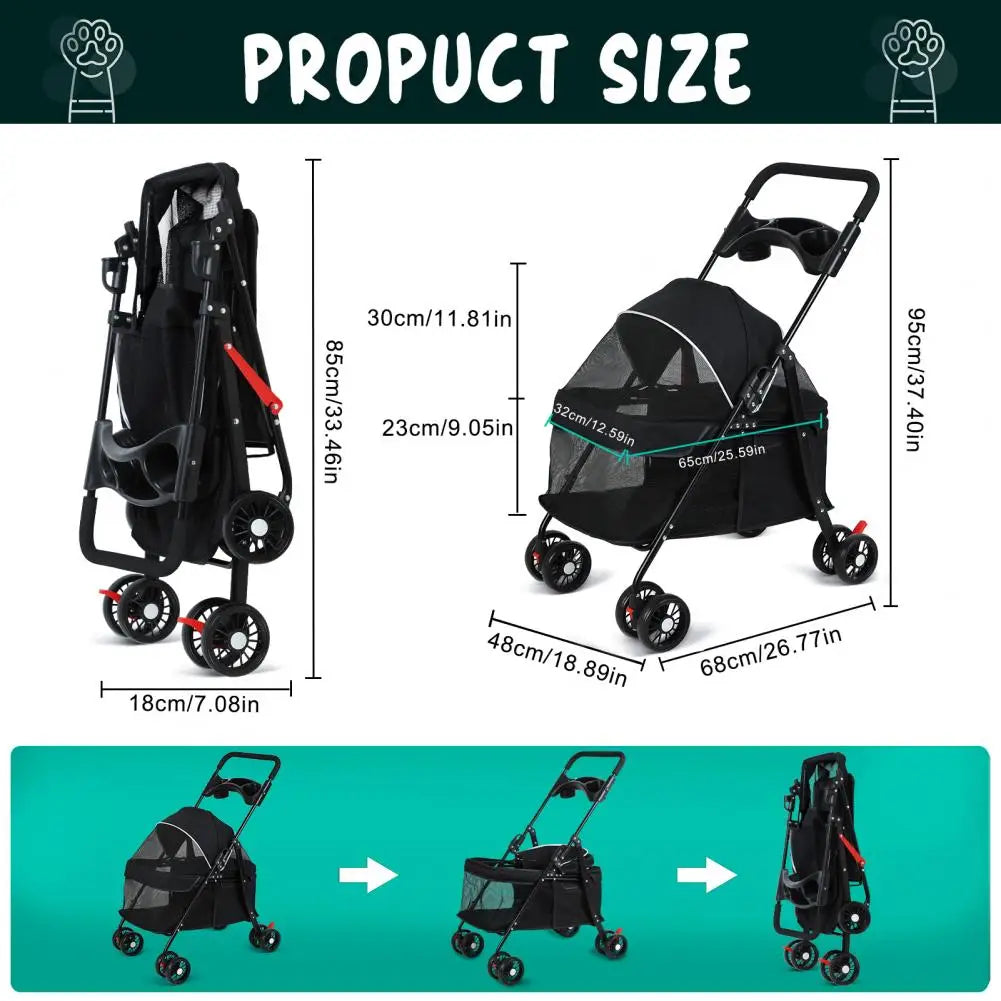 Foldable Pet Stroller With Breathable Mesh Cage And Cup Holder