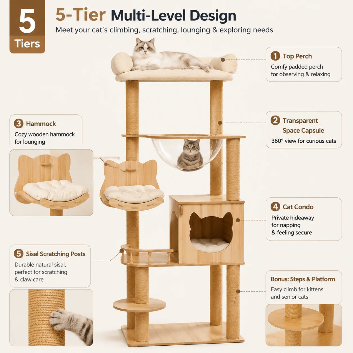Five Tier Wooden Cat Tree With Hammock And Transparent Capsule