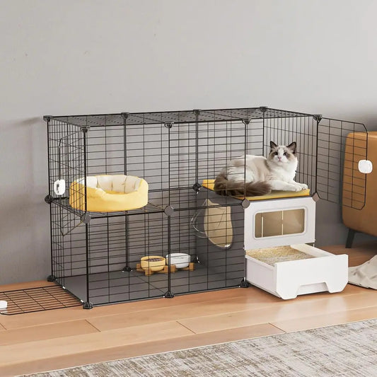 Two Tier Detachable Metal Cat Playpen With Separate Litter Tray