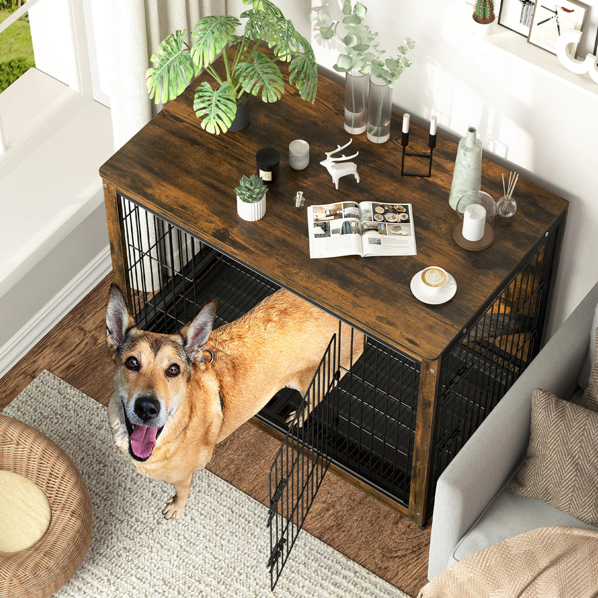 BINGOPAW Wooden Dog Crate Furniture With Double Doors And Removable Tray