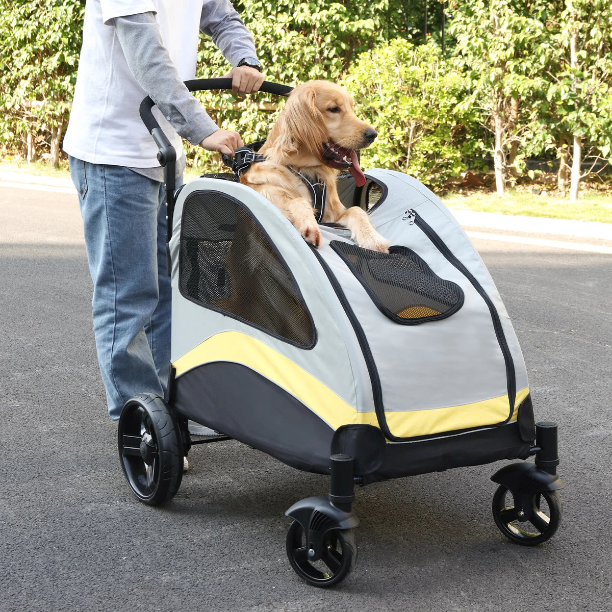 BINGOPAW Foldable Four Wheel Pet Stroller Carrier for Two Dogs