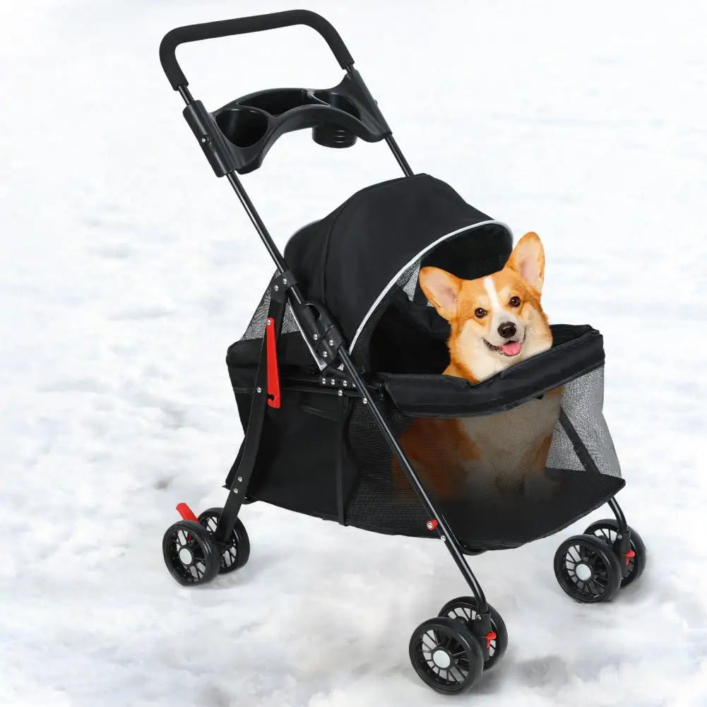 Foldable Pet Stroller With Breathable Mesh Cage And Cup Holder