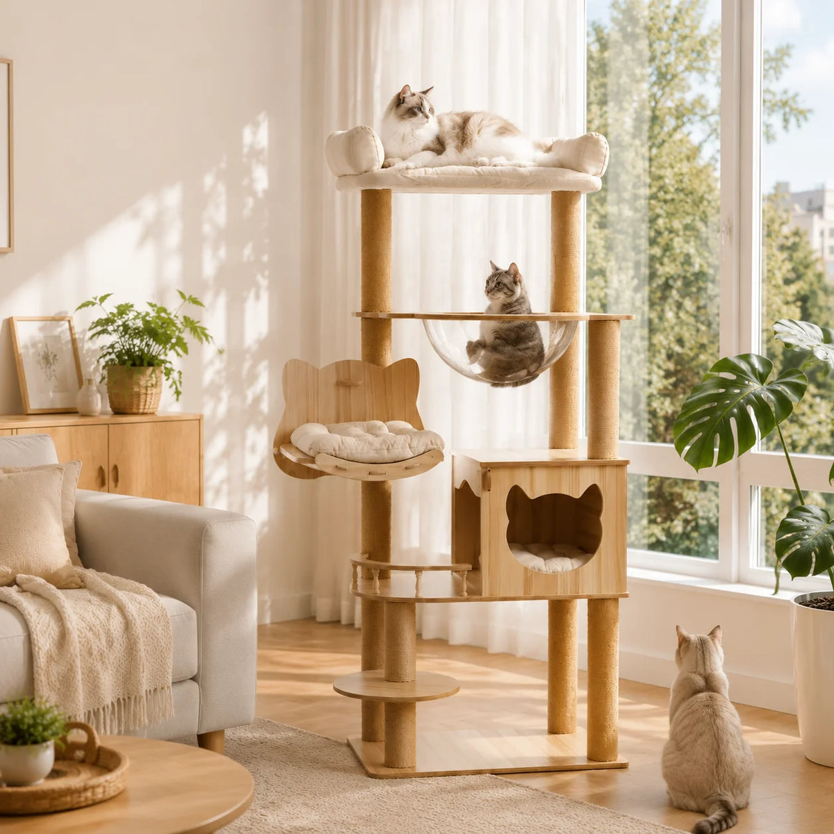 Five Tier Wooden Cat Tree With Hammock And Transparent Capsule