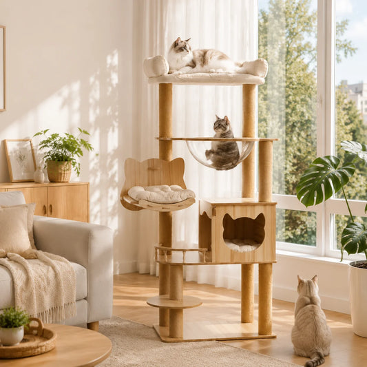 Five Tier Wooden Cat Tree With Hammock And Transparent Capsule