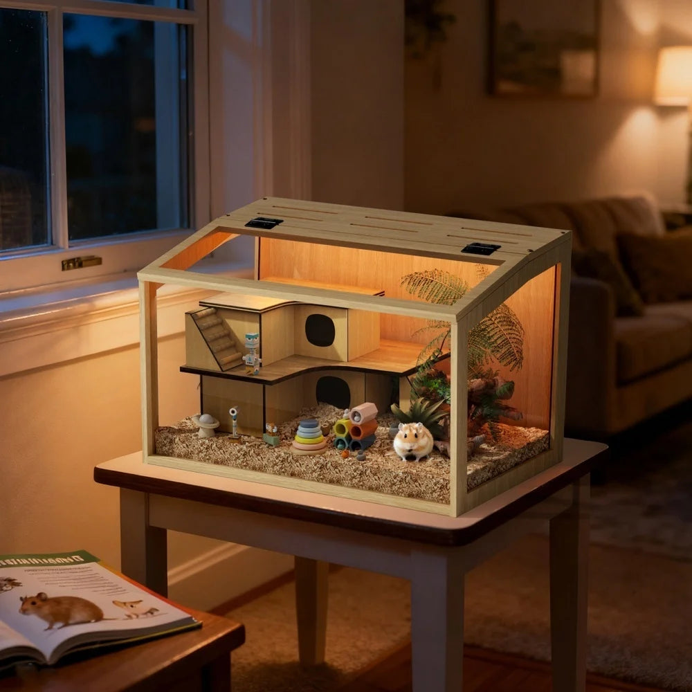 Wooden Hamster Cage Featuring Tempered Glass And LED Lighting