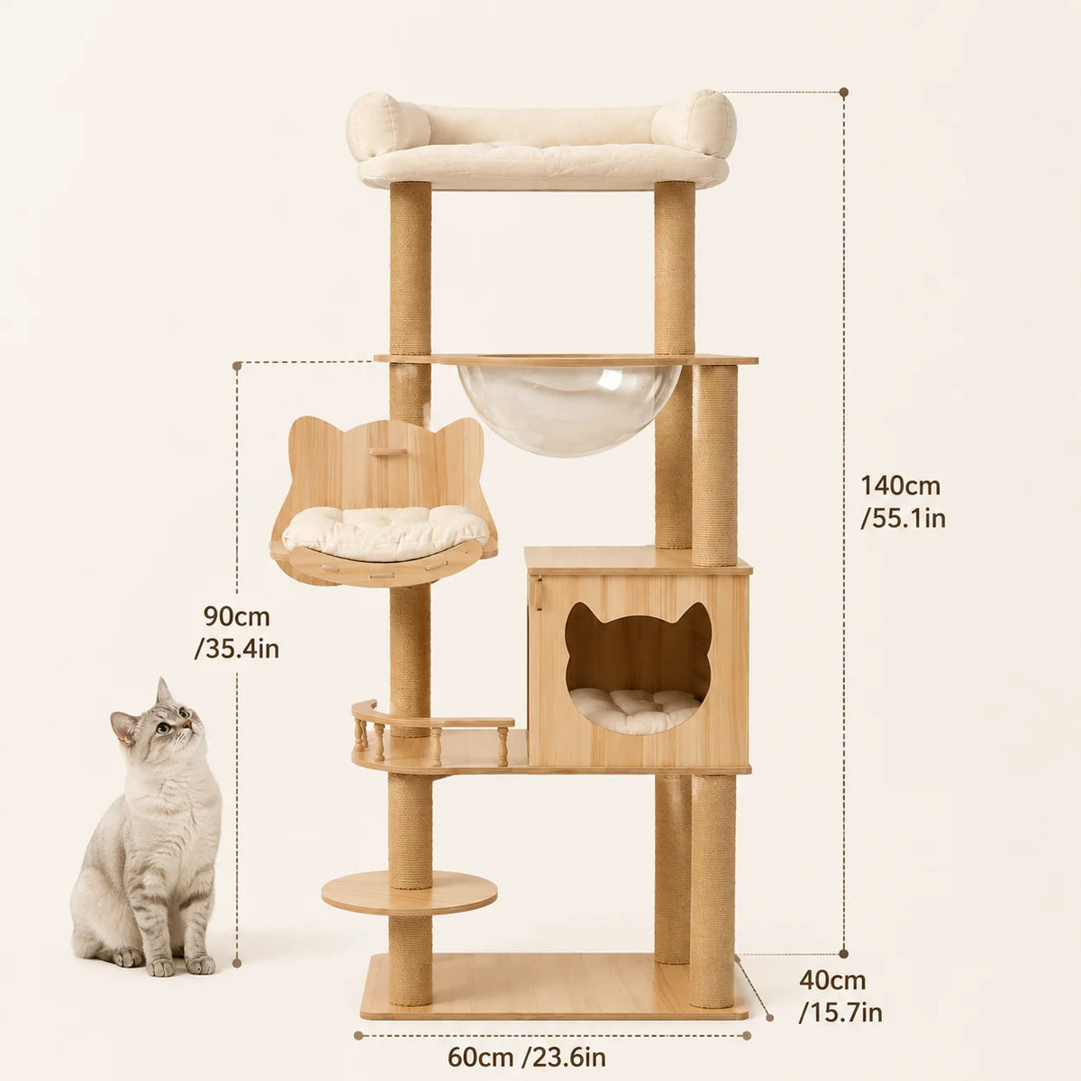 Five Tier Wooden Cat Tree With Hammock And Transparent Capsule