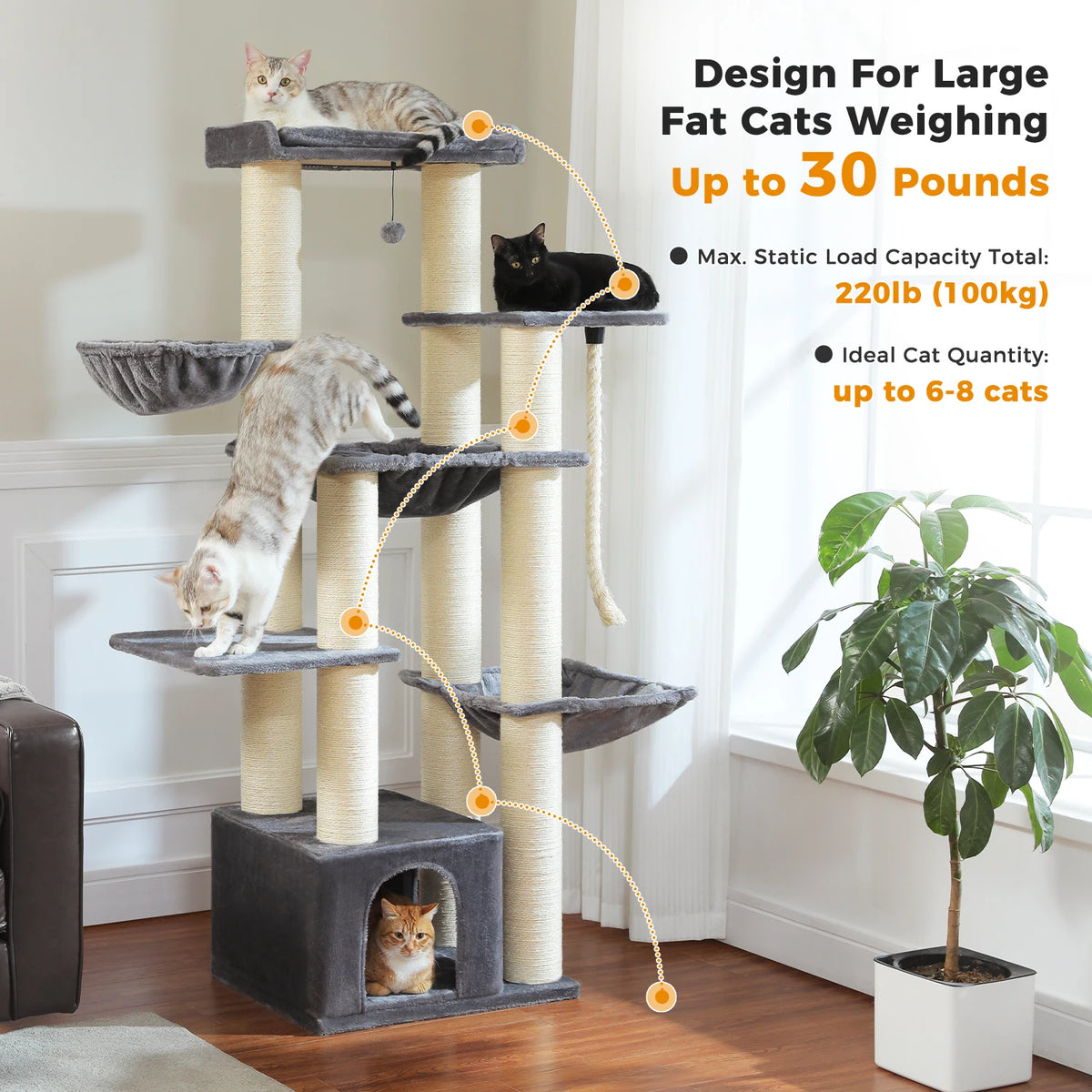 PEQULTI Cat Tree With Condo Hammocks And Scratching Posts