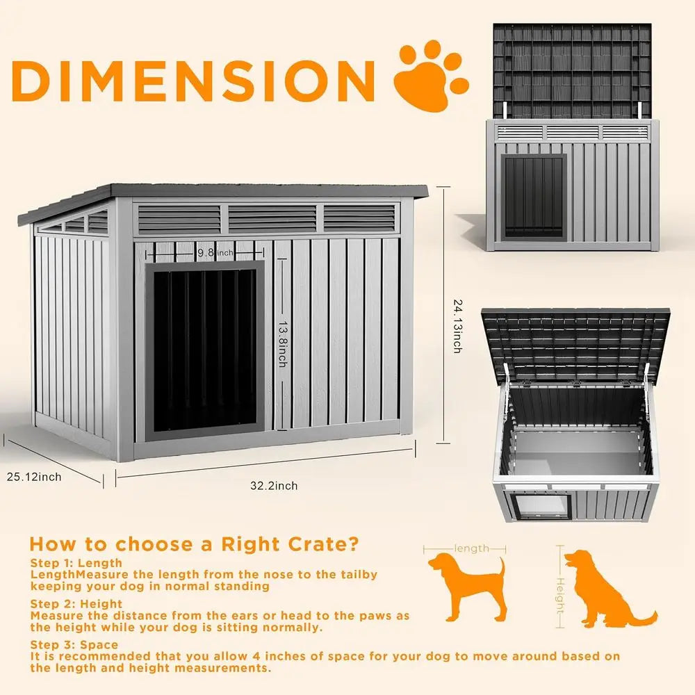 Weatherproof Indoor Outdoor Dog House With Openable Roof and Durable PP Resin Construction