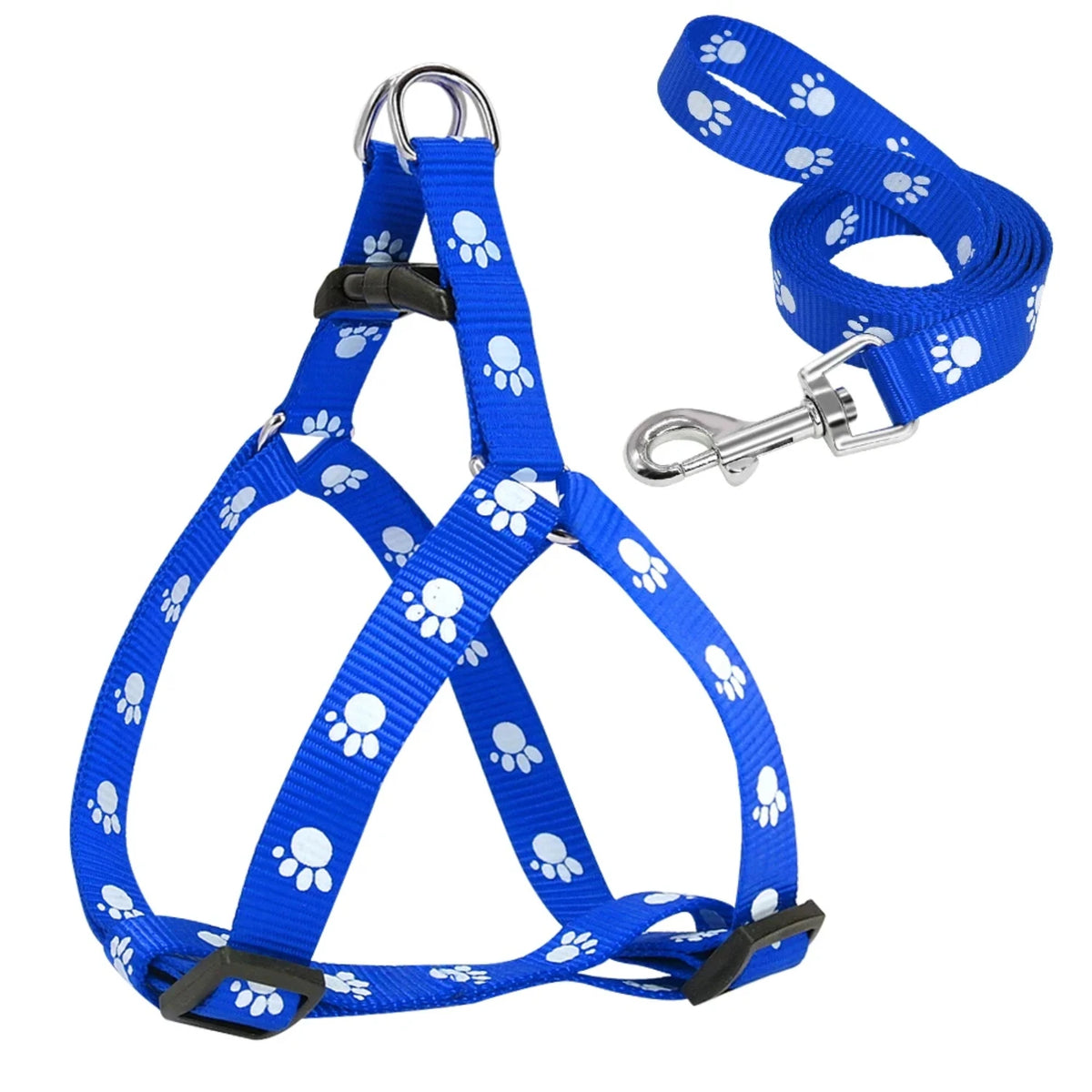 Adjustable Paw Print Nylon Dog Harness and Leash Set