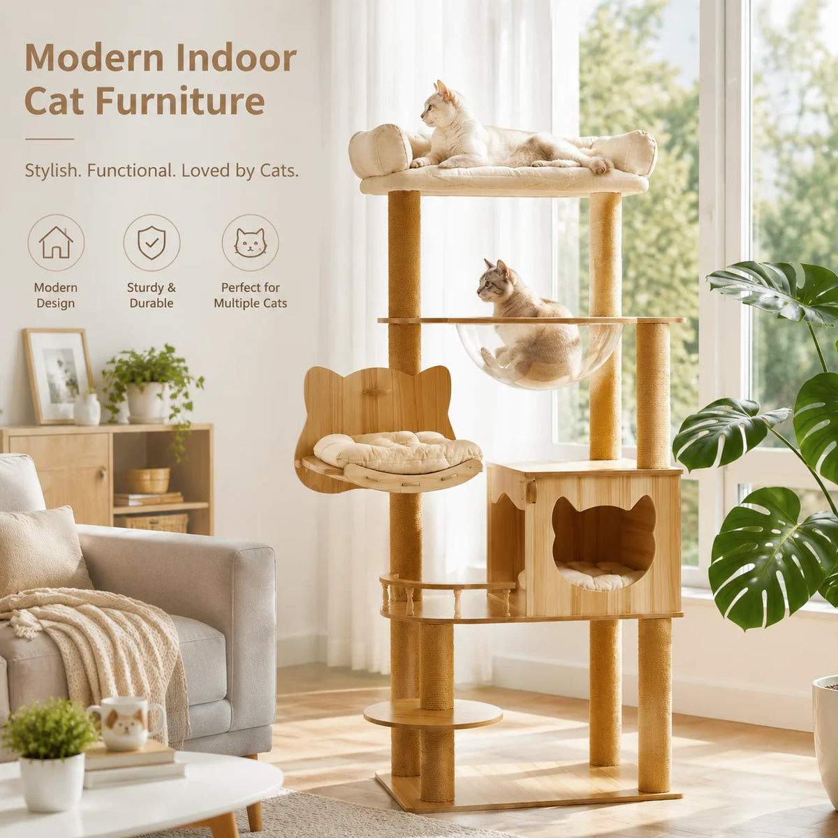 Five Tier Wooden Cat Tree With Hammock And Transparent Capsule