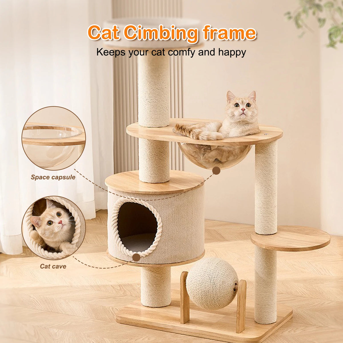 Handwoven Tower Cat Bed With Breathable Scratching Post Climbing Frame