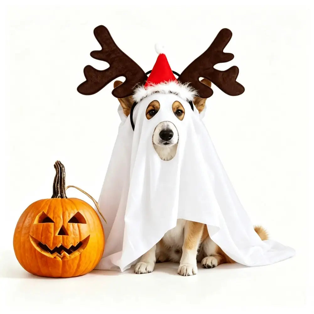 Halloween Ghost Pet Cape And Reindeer Antlers Headband Set