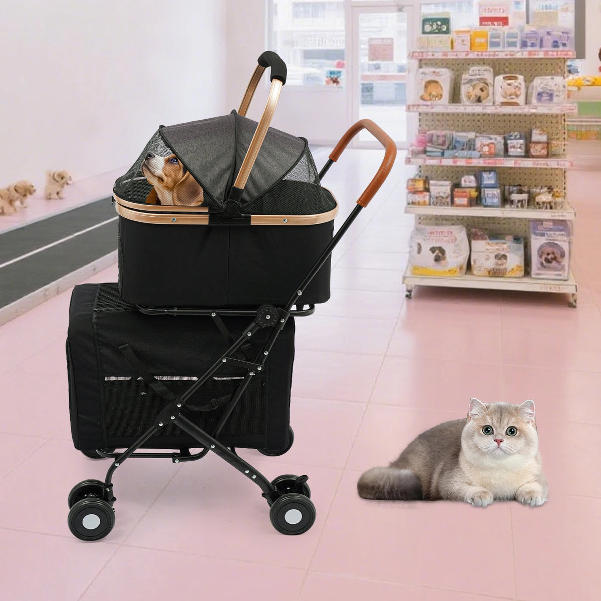 Bymaocar Foldable Two Tier Pet Stroller For Comfortable Dog Travel