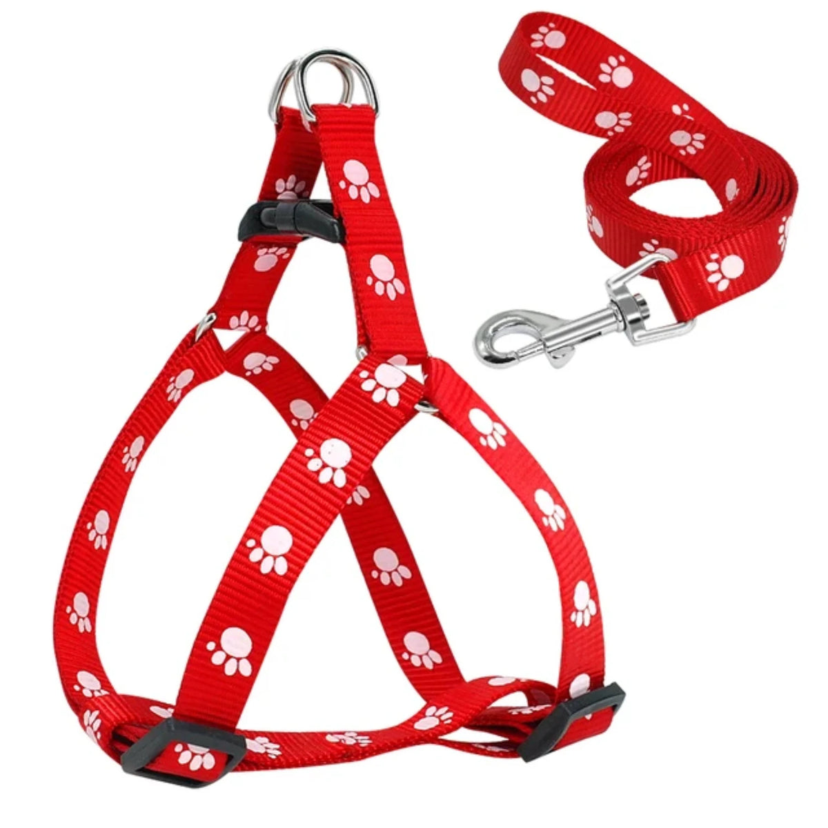 Adjustable Paw Print Nylon Dog Harness and Leash Set