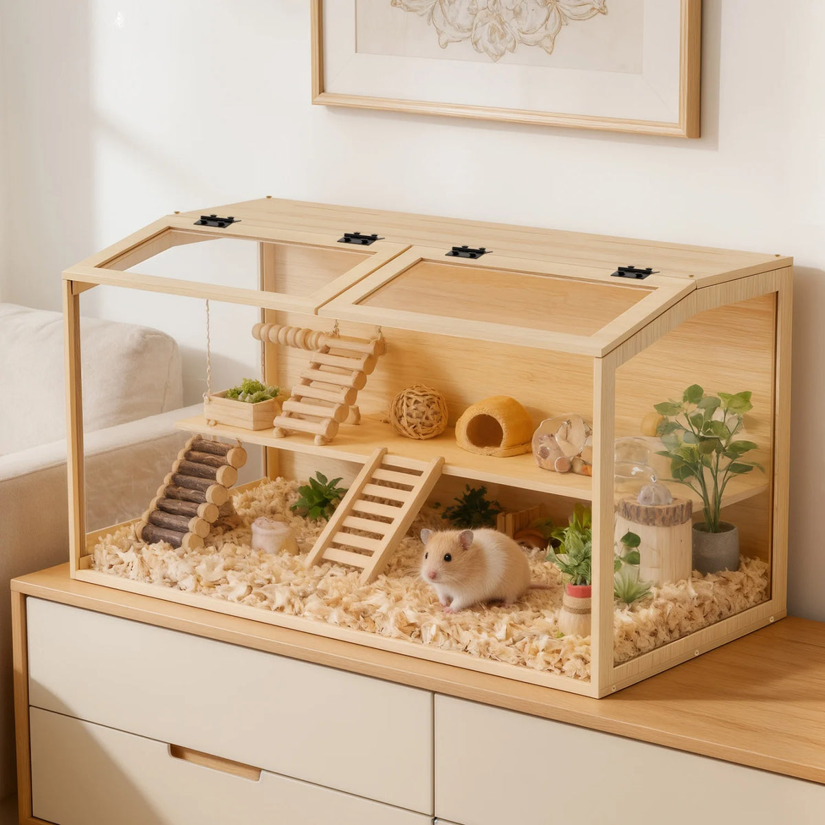 Wooden Hamster Habitat Cabinet With Dual Access Doors And Light