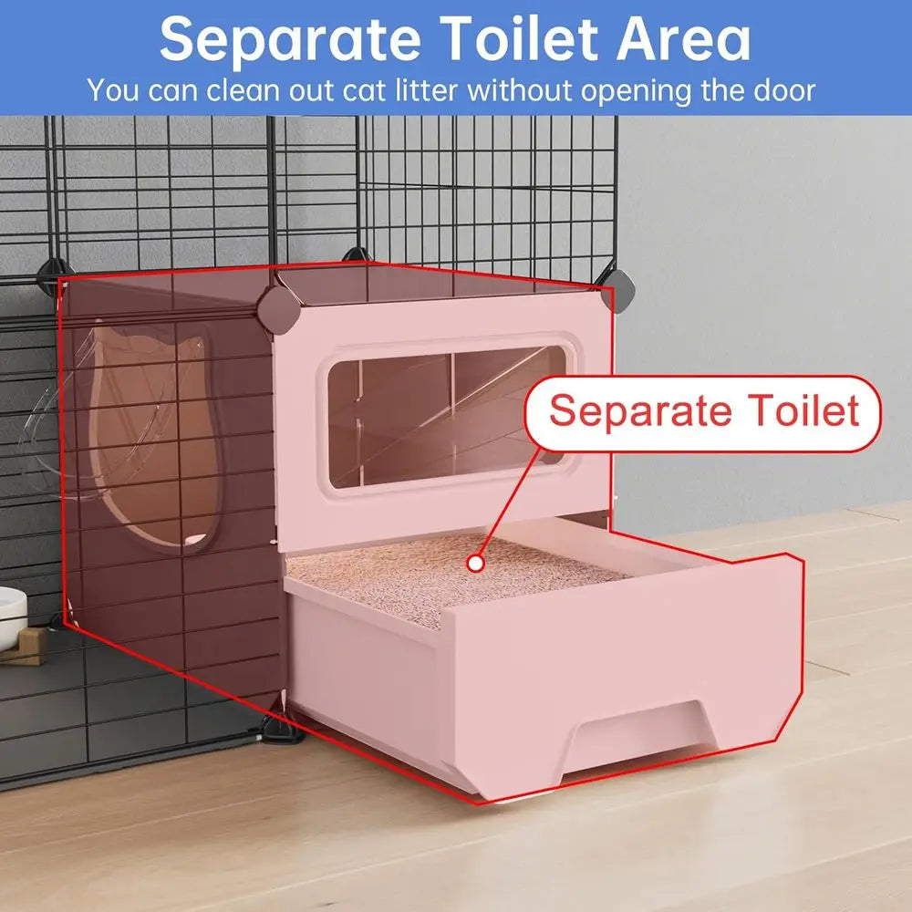 Two Tier Detachable Metal Cat Playpen With Separate Litter Tray
