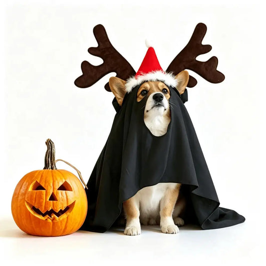 Halloween Ghost Pet Cape And Reindeer Antlers Headband Set