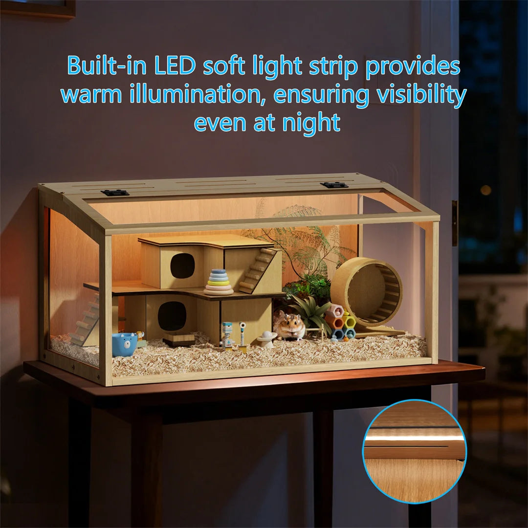 Wooden Hamster Cage with Glass Panels Ventilation and LED Lighting