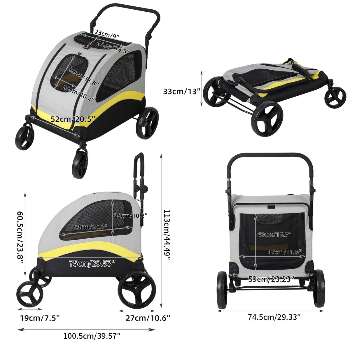 Folding Double Dog Stroller With Zipper Divider And Wheels