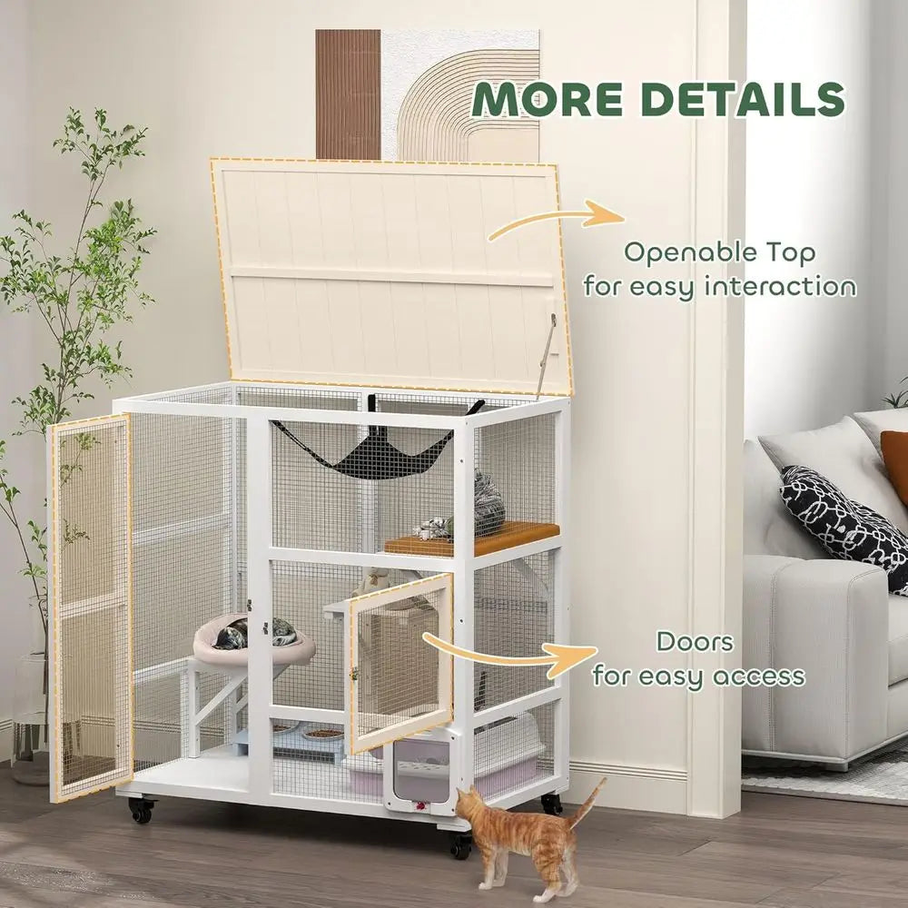 Indoor Cat Catio Enclosure On Wheels With Three Tier Platforms