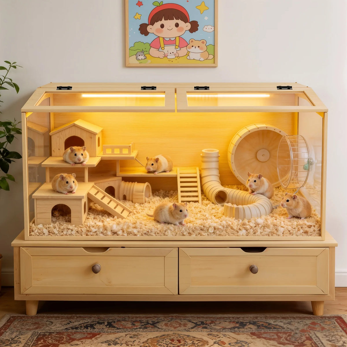 Wooden Hamster Habitat Cabinet With Dual Access Doors And Light