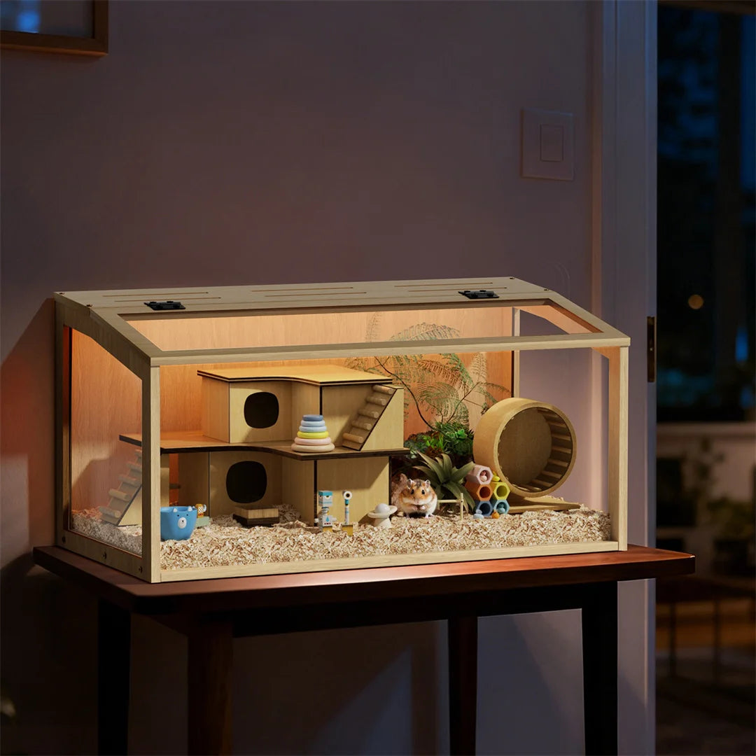 Wooden Hamster Cage with Glass Panels Ventilation and LED Lighting