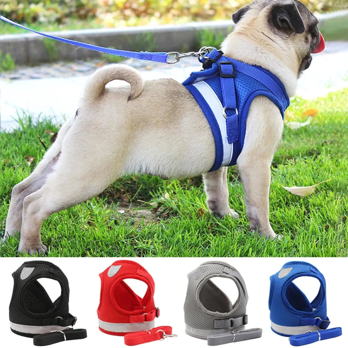 Reflective Adjustable Mesh Dog Harness Vest With Safety Leash Set