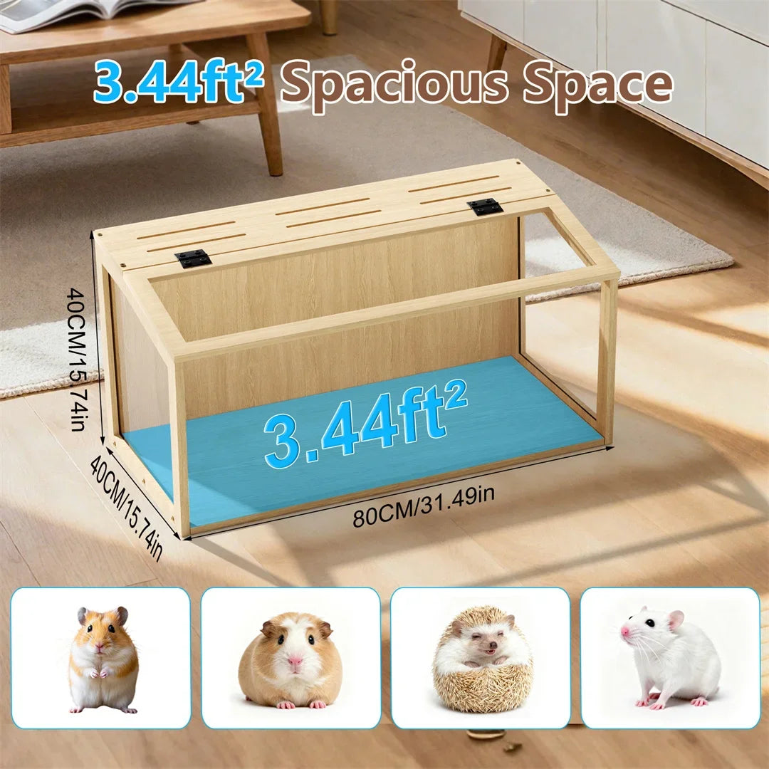 Wooden Hamster Cage with Glass Panels Ventilation and LED Lighting