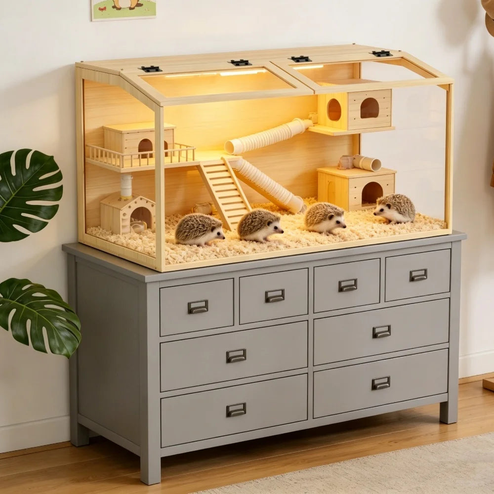 Tempered Glass Wooden Hamster Cage With Led Light And Roof