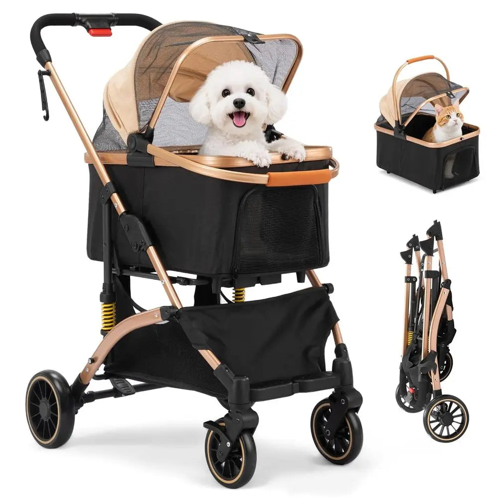 Pet Stroller With Shock Absorbers Removable Cabin And Dual Brakes