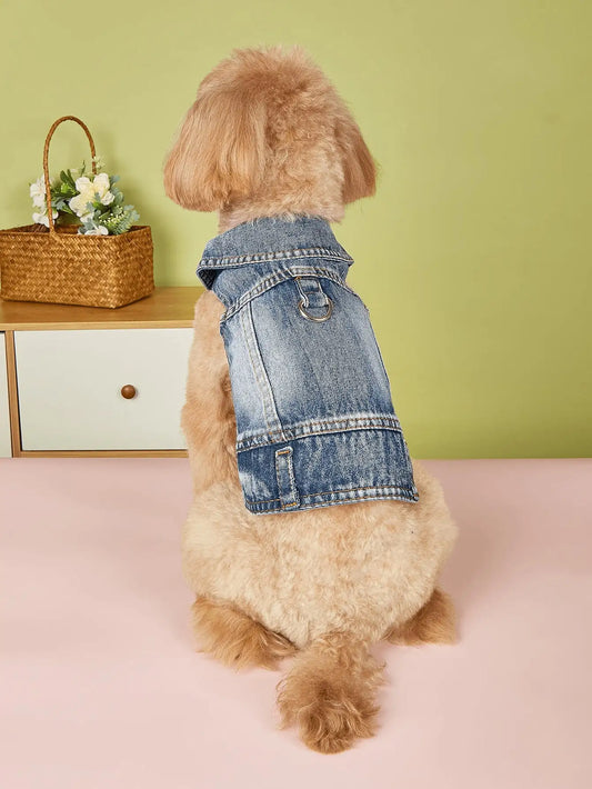 Vintage Washed Denim Dog Vest With Metal D Ring Harness