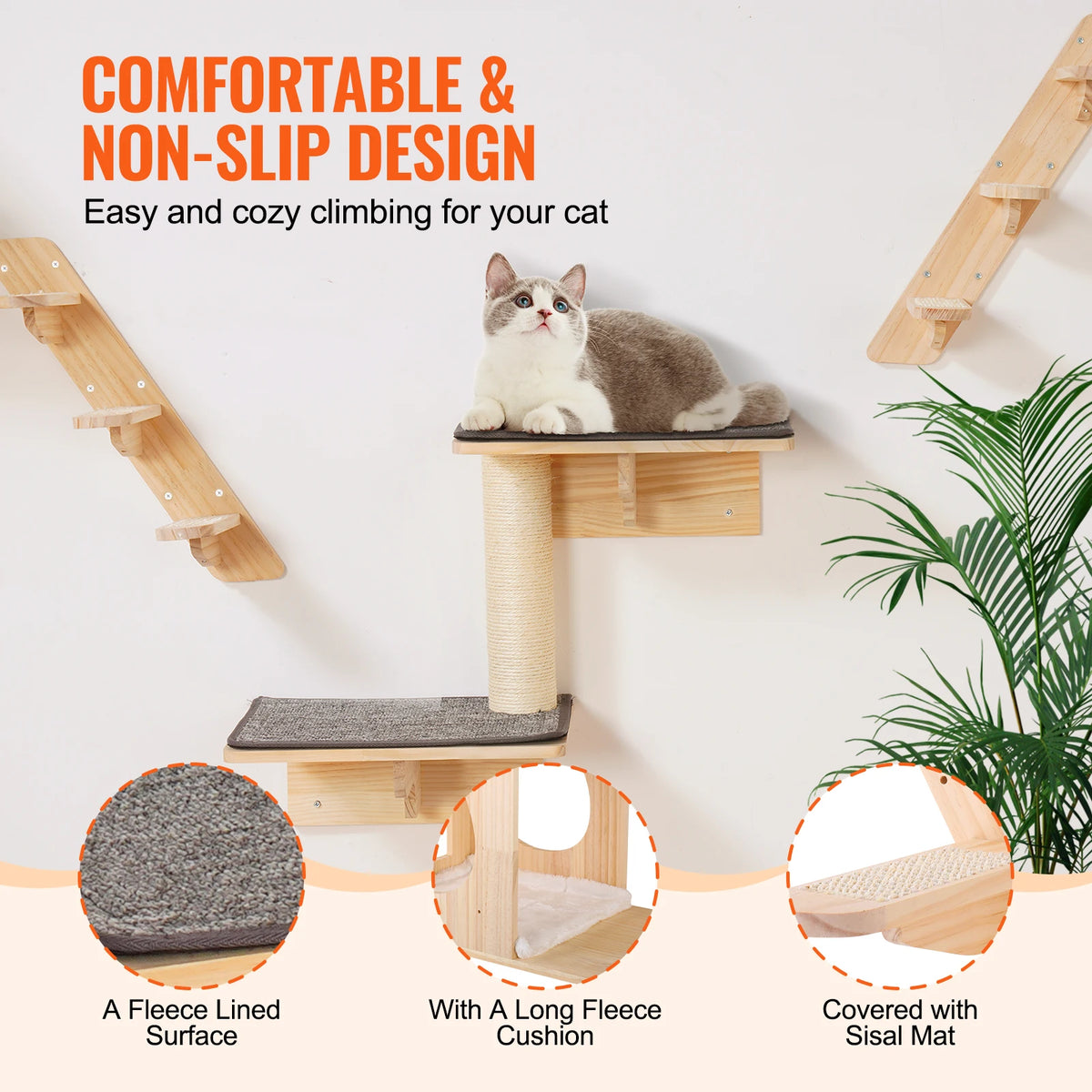 Double Tier Wall Mounted Pine Wood Cat Shelves With Hammock