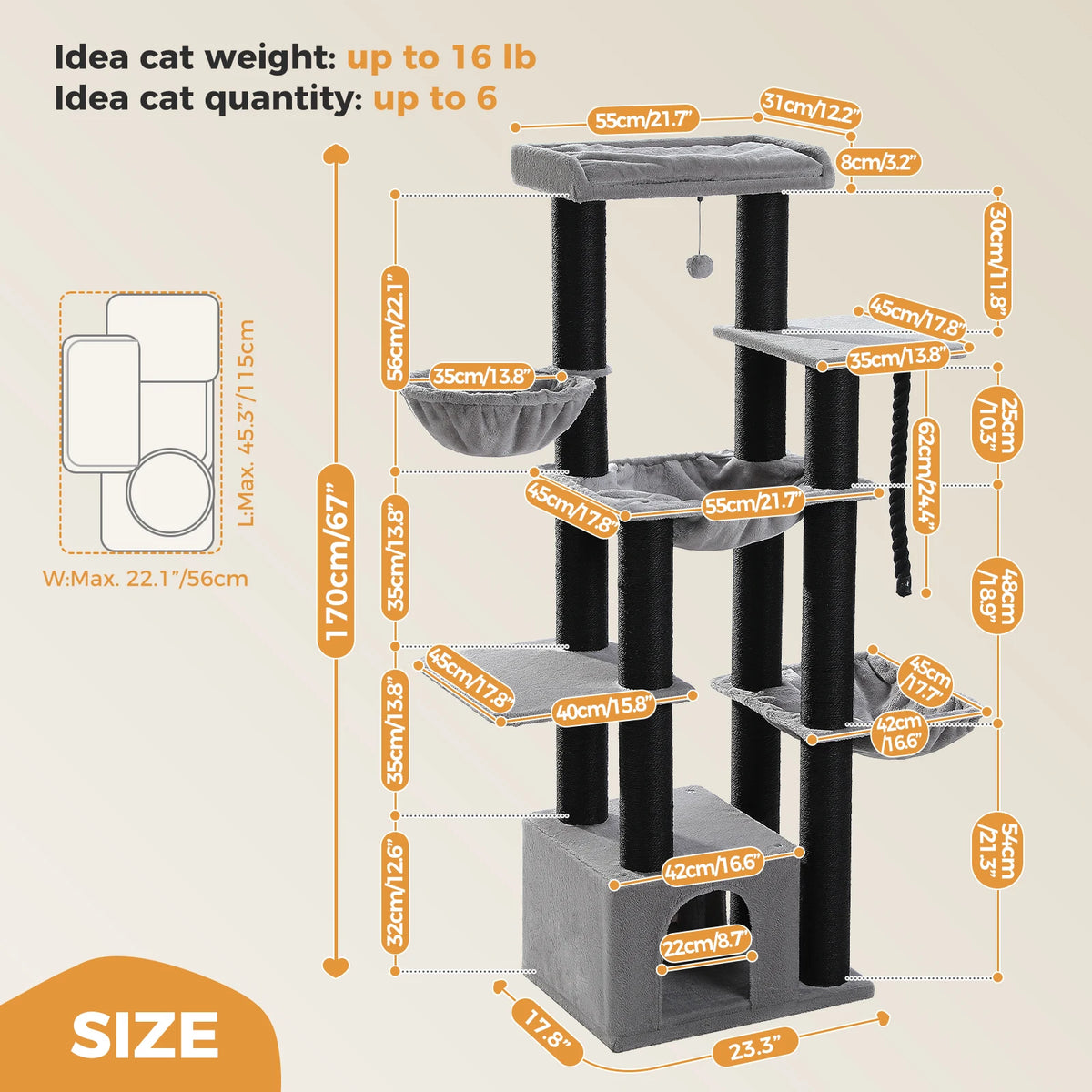 PEQULTI Cat Tree With Condo Hammocks And Scratching Posts
