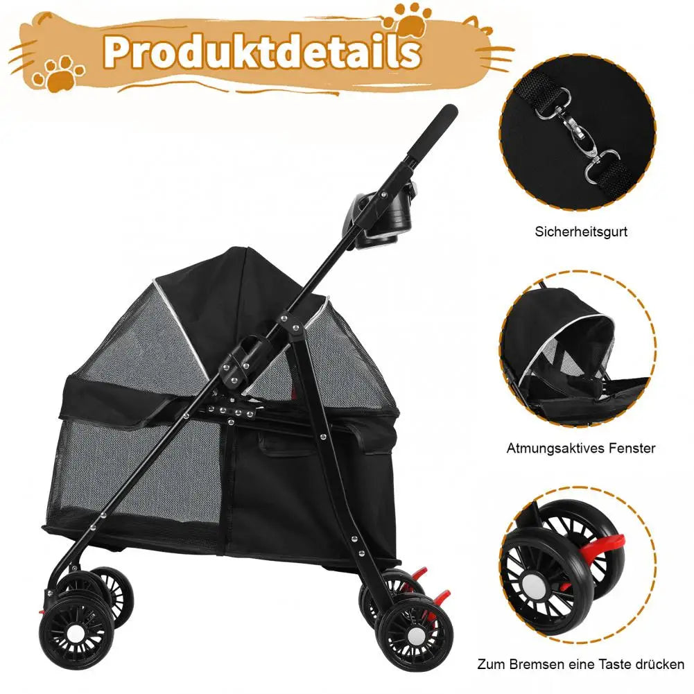 Foldable Pet Stroller With Breathable Mesh Cage And Cup Holder