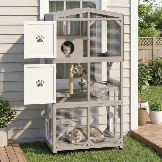 Outdoor Wooden Cat Enclosure with Acrylic Windows and Weatherproof Roof