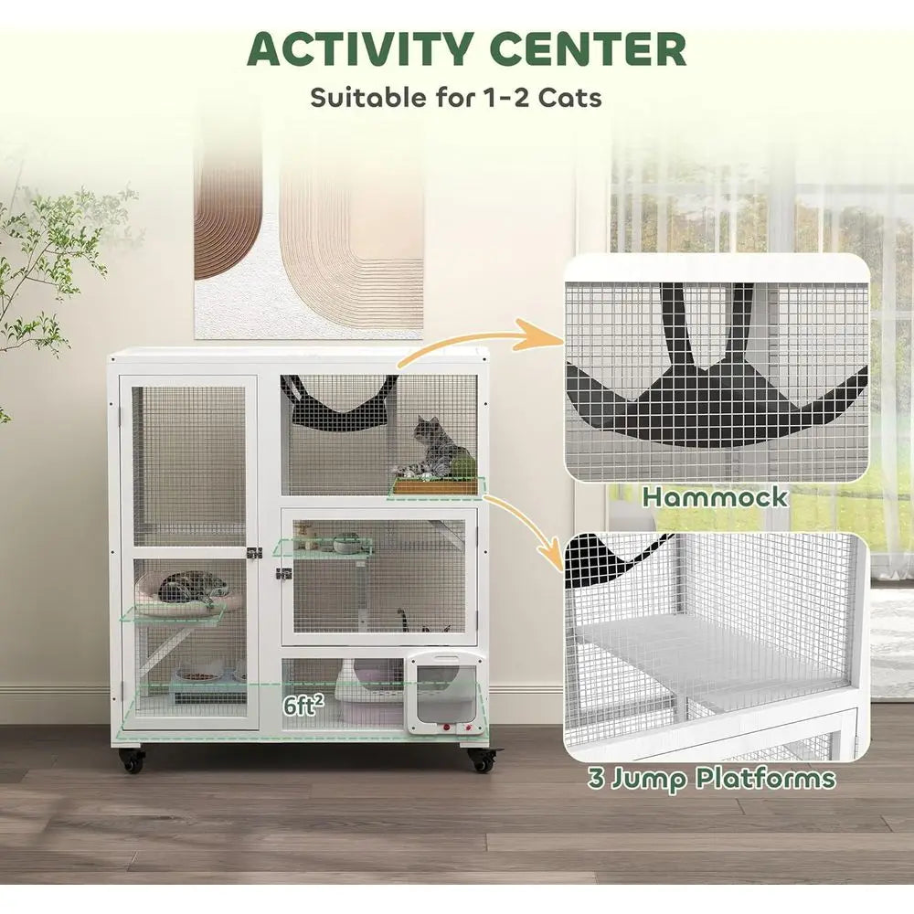 Indoor Cat Catio Enclosure On Wheels With Three Tier Platforms