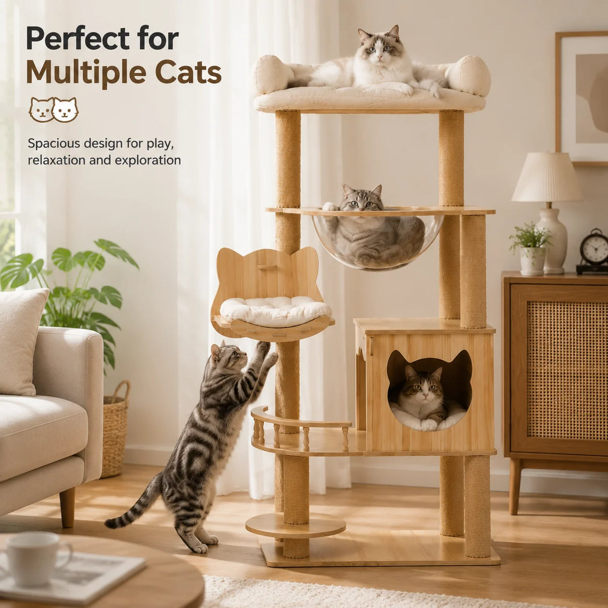 Five Tier Wooden Cat Tree With Hammock And Transparent Capsule