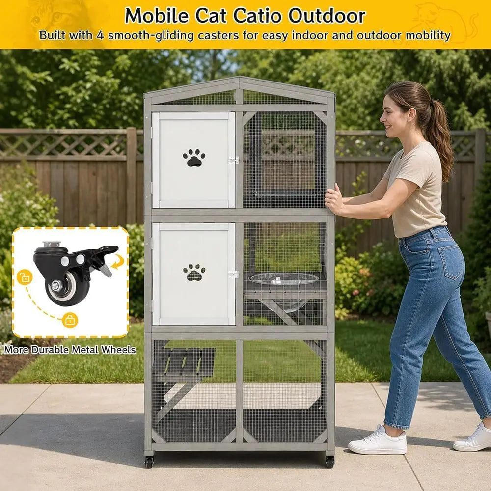 Outdoor Wooden Cat Enclosure with Acrylic Windows and Weatherproof Roof