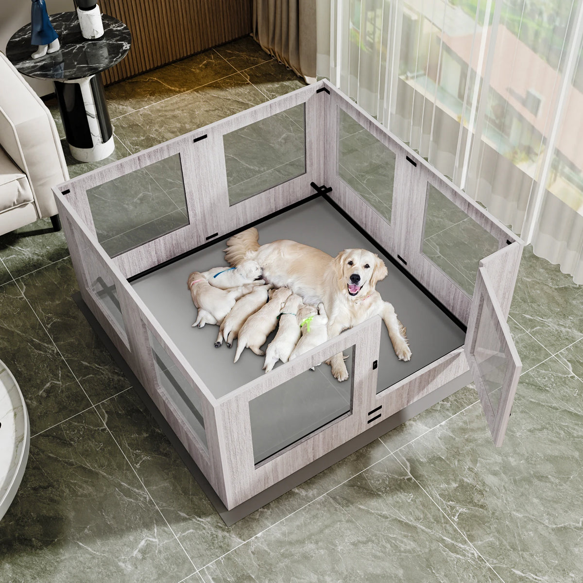 BINGOPAW Tempered Glass Dog Playpen With Waterproof Whelping Pad