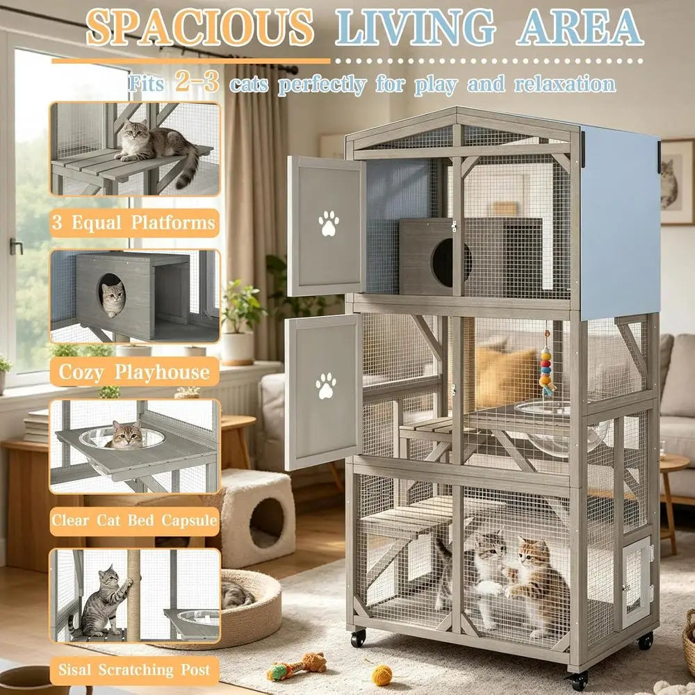Outdoor Cat Catio With Wheels 3 Platforms Weatherproof Lockable