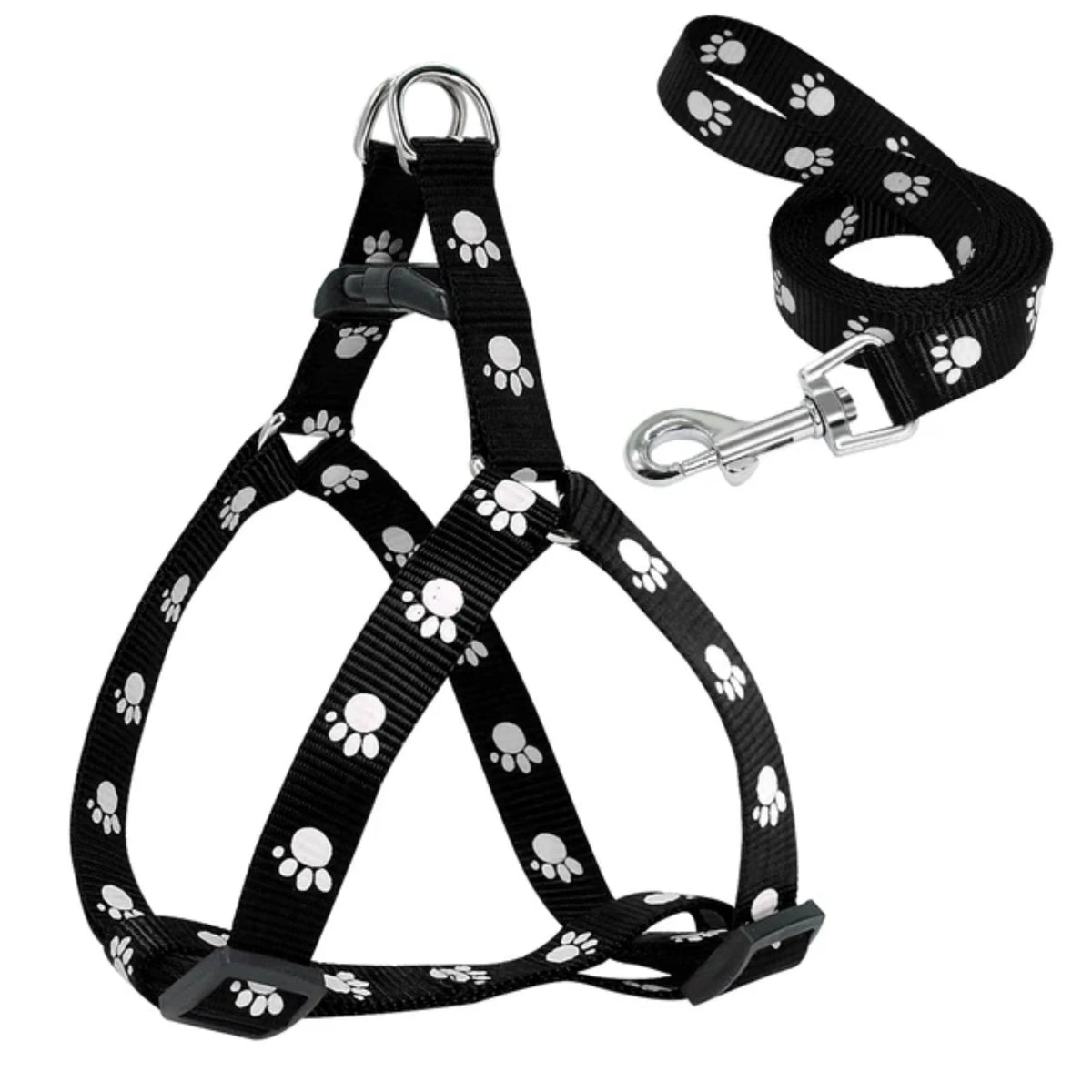 Adjustable Paw Print Nylon Dog Harness and Leash Set