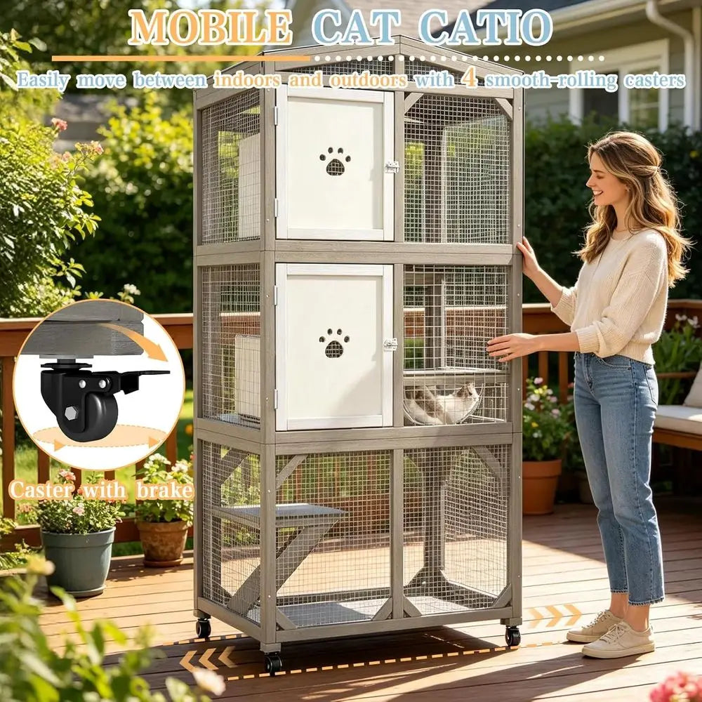 Outdoor Cat Catio With Wheels 3 Platforms Weatherproof Lockable