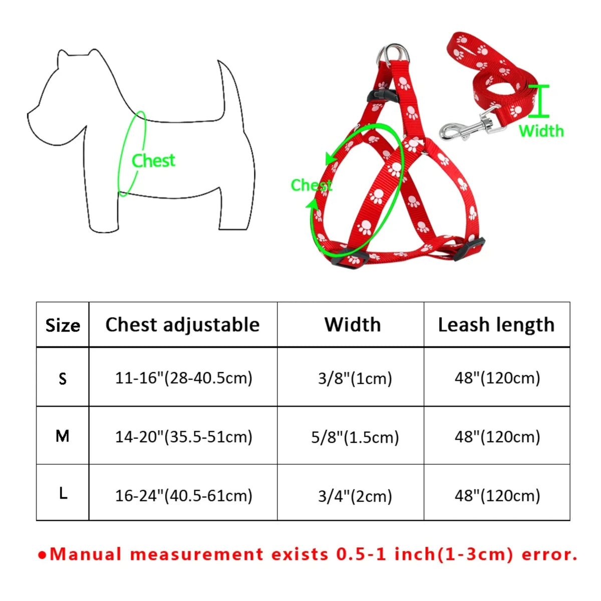 Adjustable Paw Print Nylon Dog Harness and Leash Set
