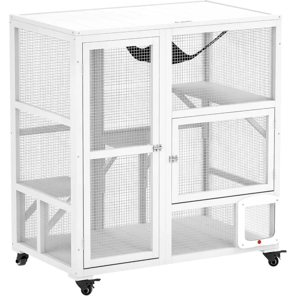 Indoor Cat Catio Enclosure On Wheels With Three Tier Platforms